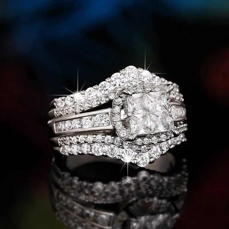 Square 5-in-1 Ring — Silver Design with Micro-Pavé Zirconia Halo