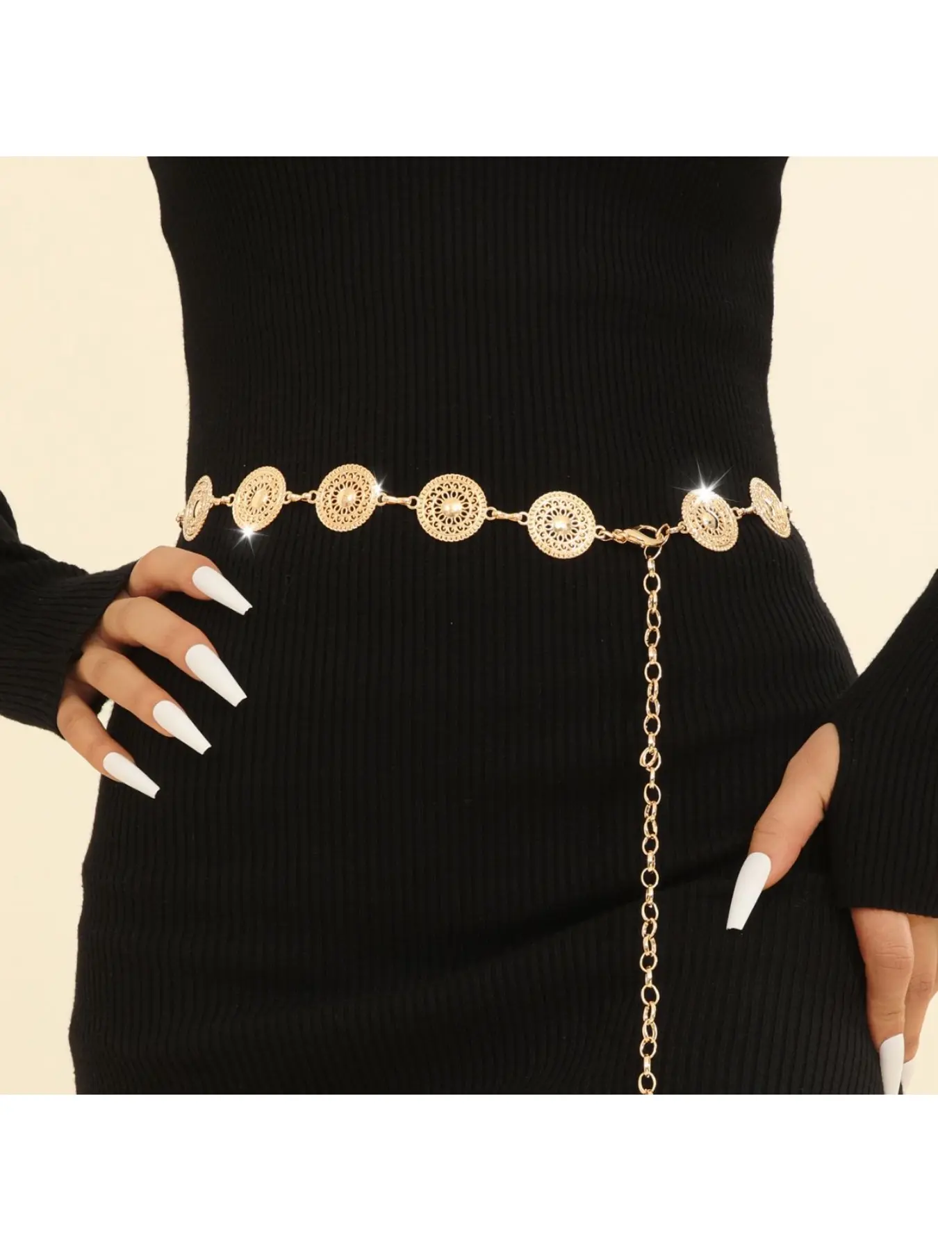 Cross-border hot European and American round hollow metal plate women's waist chain fashionable simple dress accessories waist decoration Sparkling western belt Bling western belt Belt for dress Chain Belts