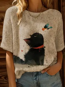 Spring Summer Knit Top, One Shoulder Straps, Colorblock Cat Cartoon Print Short Sleeve, Fitted Casual Elegant Chic Commute Wear, Boho Beach Style, Bohemian, Womenswear, Knitwear, Knitting, Knit Clothes