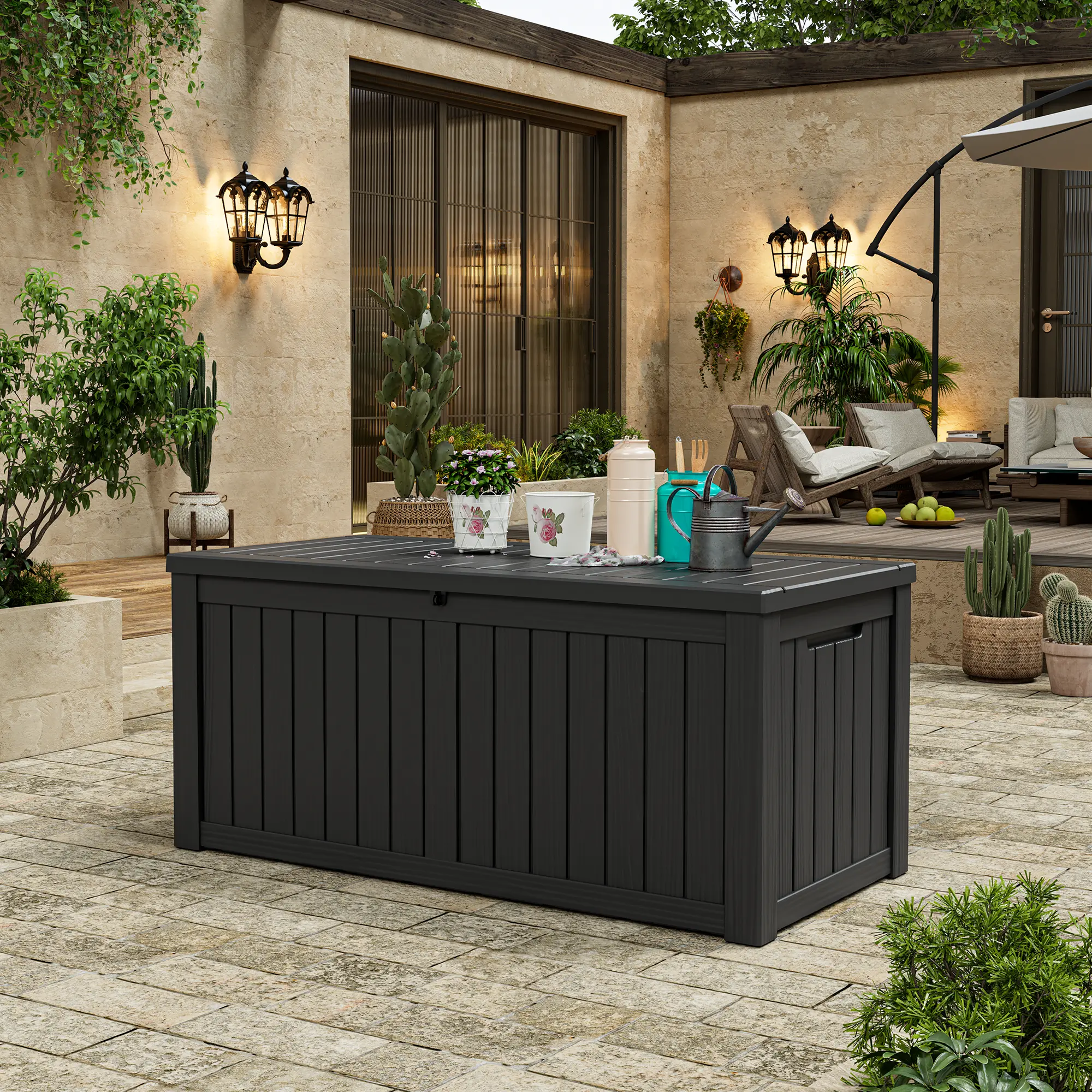 120 Gallon Lockable Resin Deck Storage Bench, Waterproof Outdoor Storage Box with Lid, Large Capacity Organizer for Patio Cushions, Garden Tools, Multiple Sizes:(72/100/120/150/180/230/260 Gallon)Summersales
