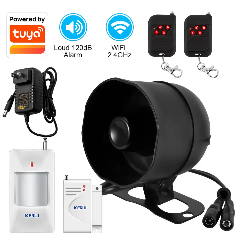 Tuya Smart WiFi Security Alarm Complete Kit - 120dB Siren, ABS Plastic Alarm Speaker, PIR Motion Detection Sensor, Door Sensor, Remote Control, Smartphone App Remote Monitoring System, Wifi Enabled