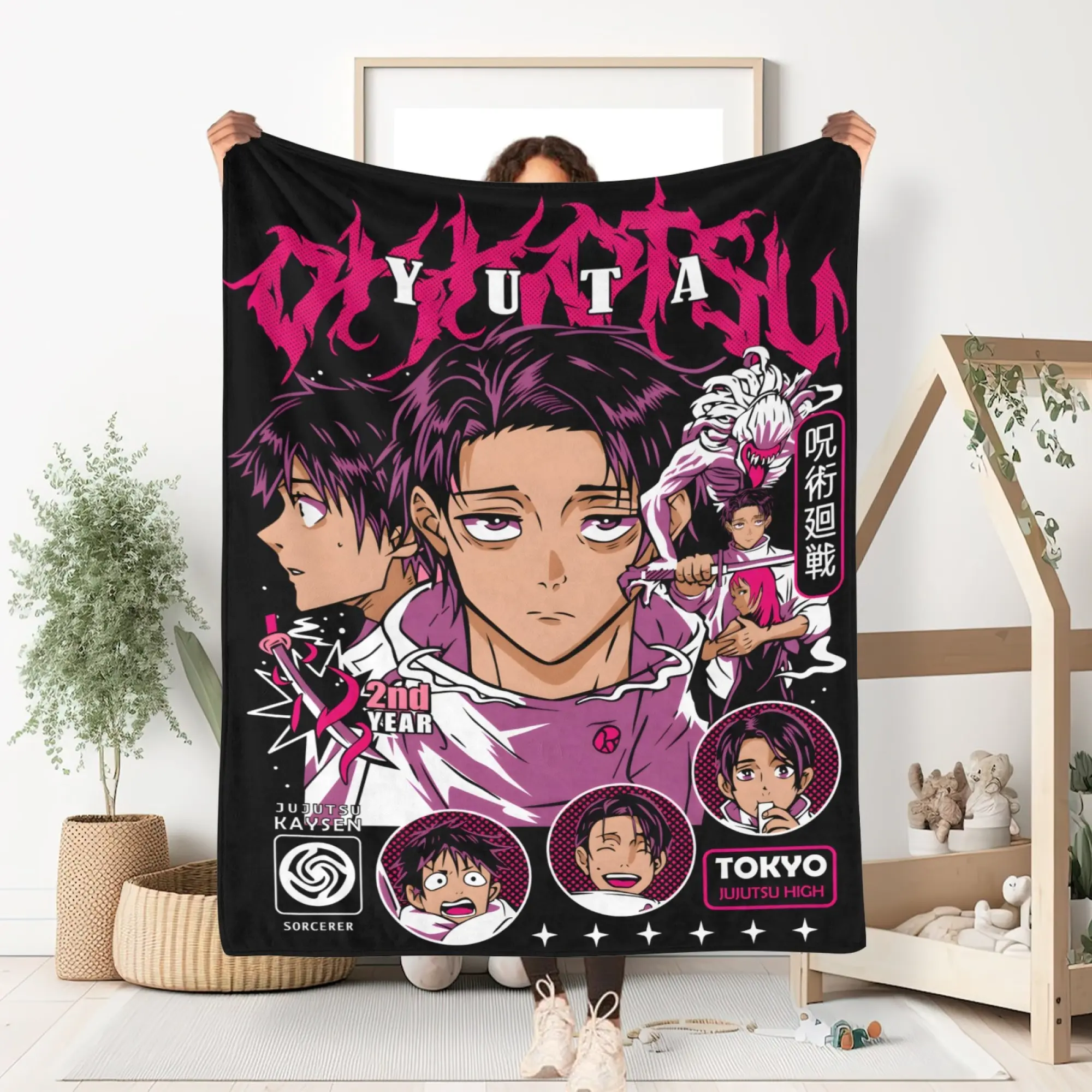 Jujutsu Kaisen Yuta Okkotsu Fleece Throw Blanket, Soft Plush Flannel with Rika Orimoto Graphic for Couch Bed Dorm Gaming Nook, Unisex Birthday Christmas Valentine Gift for Men Women Teen Anime Manga Fans