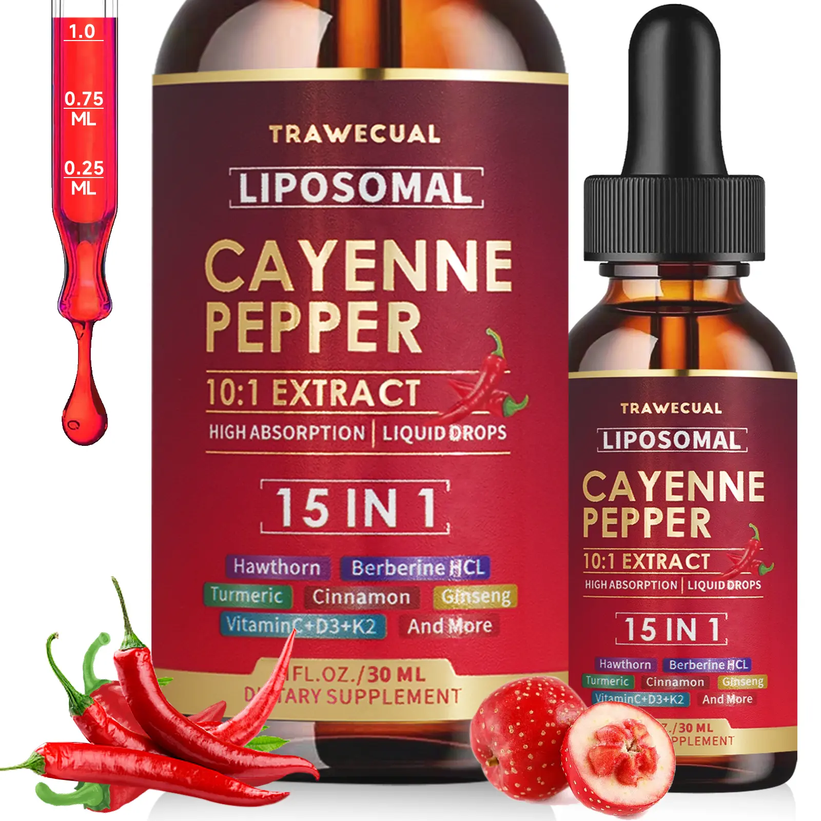 Trawecual Liposomal Cayenne Pepper Drops | 15-in-1 with Berberine, D3+K2, Turmeric & Beet Root | Boosts Metabolism, Energy & Circulation - Fast Absorption 30ml