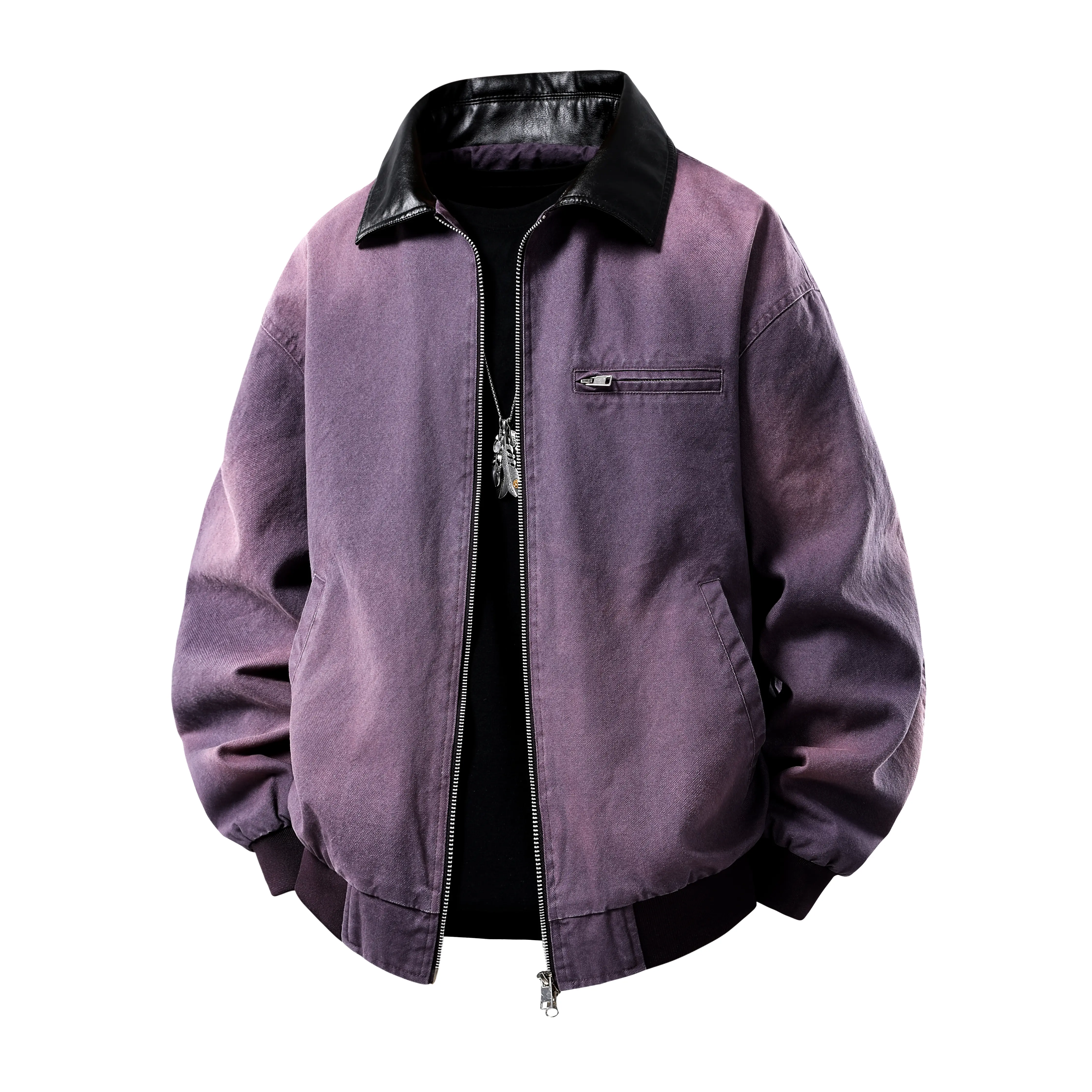 Men's vintage washed gradient denim baseball jacket, faux leather turn-down collar zip-up Harrington jacket, loose streetwear style for autumn
