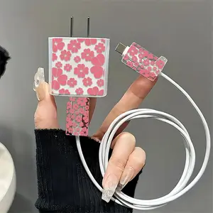 Flower Pattern Charger & Data Cable Protective Case, Transparent Charger & Data Cable Protector, Phone Accessories Compatible with iPhone 18W/20W Charger