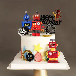 Interactive Robot Cake Decorations - Robots & Gear Happy Birthday Cake Toppers for Boys Party, Cupcake, DIY Robot Theme Decor