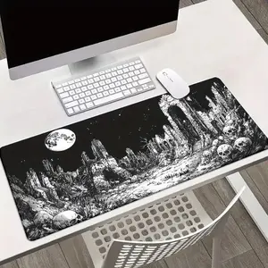 Gothic Moonlit Ruins Skull Desk Mat, Black-White Horror Art Mouse Pad, Dark Aesthetic Desk Accessory for Gaming & Desktop Use (Computers & Office Equipment Accessory)