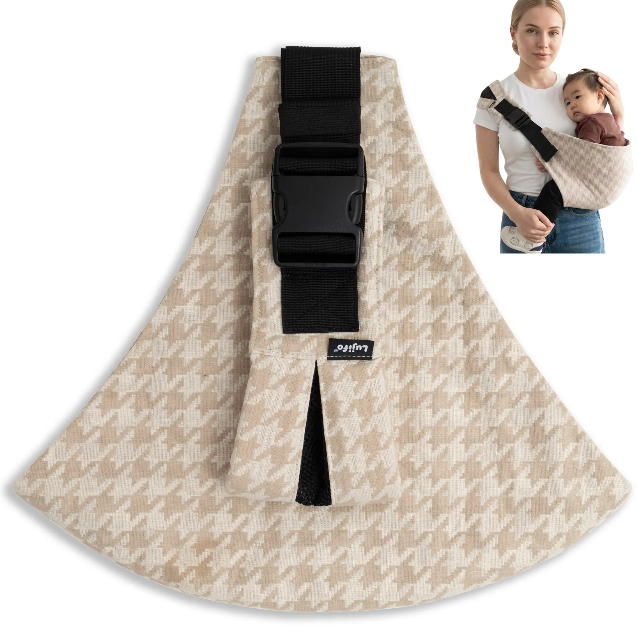 LUJIFO Classic Houndstooth Side Baby Carrier, Premium Cotton Linen Toddler Sling Carrier for Outdoor Travel