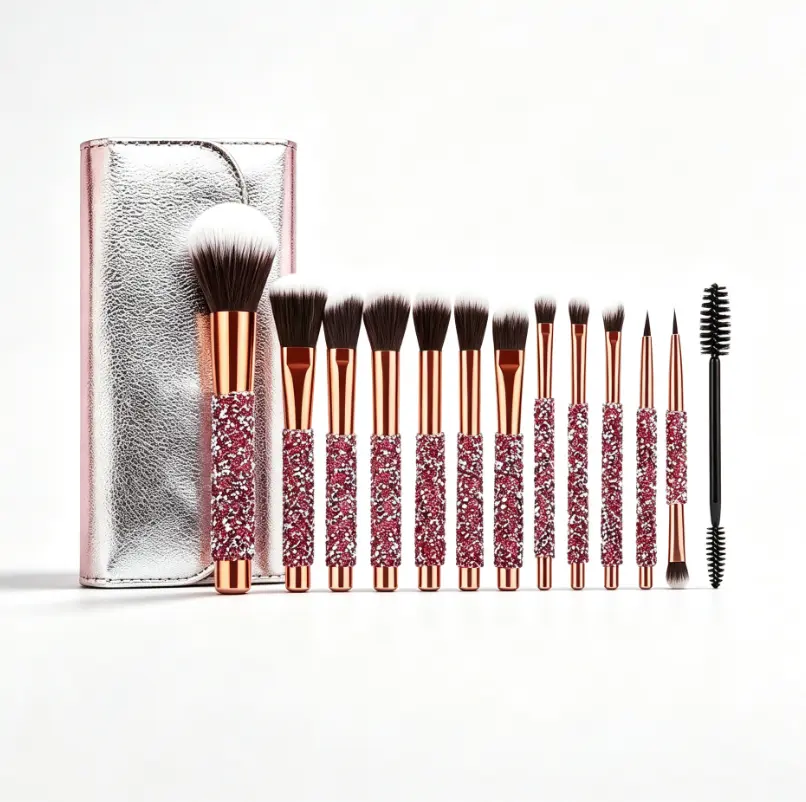 10Pcs Pink Rhinestone Makeup Brush Set, Sparkle Glitter Diamond Handles, Soft Synthetic Bristles Cosmetic Brushes Kit with Silver Travel Storage Pouch for Full Face & Eye Makeup