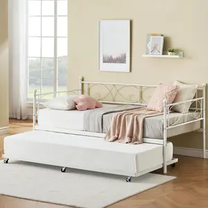 【GARVEE】 Twin Daybed with Trundle Metal, Twin Trundle Bed Frame Sofa Bed Frame for Living Room, Bedroom, Apartment, No Box Spring Needed, Space Saving, Heavy Duty Metal Slats (White)