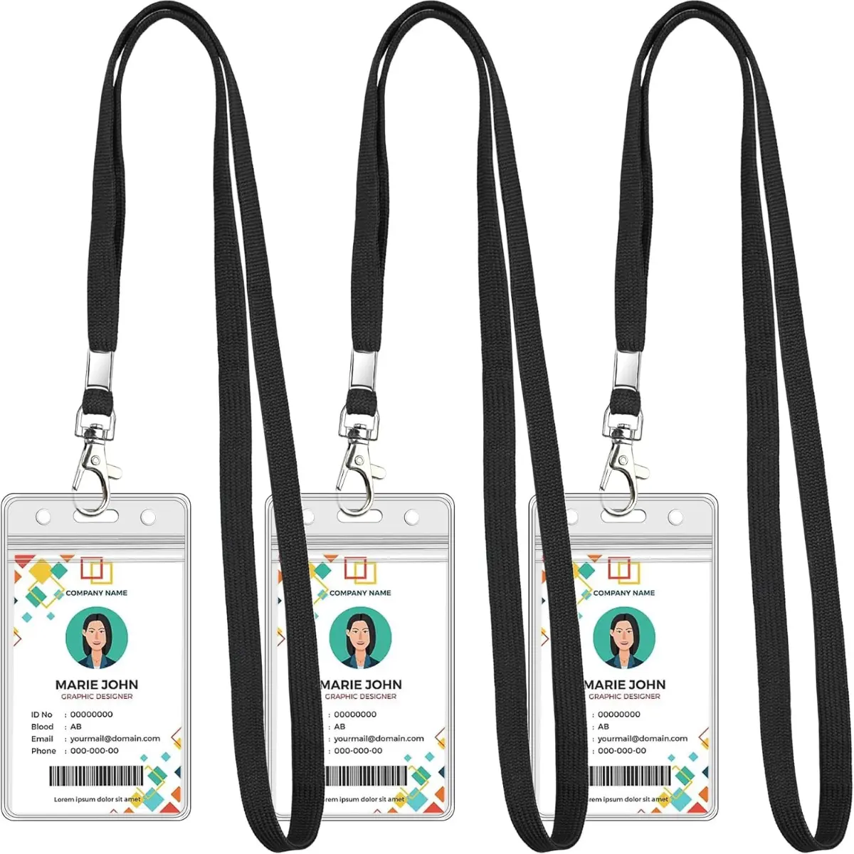 3 Pack Clear ID Badge Holder with Lanyard Black Lanyards with Vertical Waterproof ID Badge Holder for Office, School, Travel