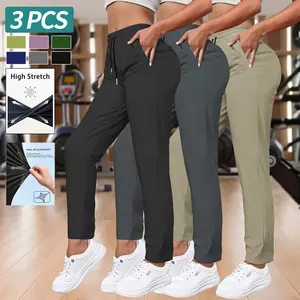 3-pack women’s summer athletic pants made of ice silk—breathable casual sports pants with a drawstring elastic waistband, pockets, and straight legs; suitable for summer travel and workouts.