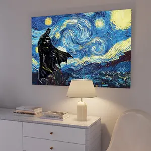 Van Gogh's Starry Sky Pattern Canvas Painting with Frame, Modern Art Bat Character Posters, Wall Art Decor for Home Living Room Bedroom Office, Halloween,Framed Poster