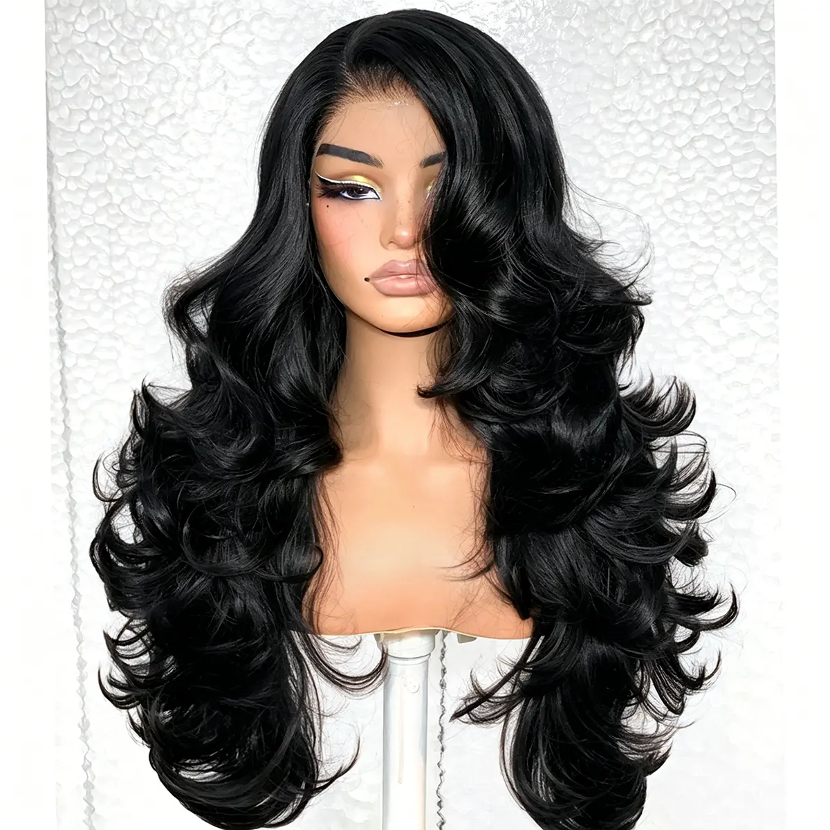 Choppy Layered Black Wig Butterfly Cut Lace Frontal Wig Ready to Wear,Detroit Wig Layer Synthetic Pre-Layered Pre-Plucked Pre-cut Heat resistant Flipped-Out Waves Effortless floating Waves Beginners Friendly#26inch