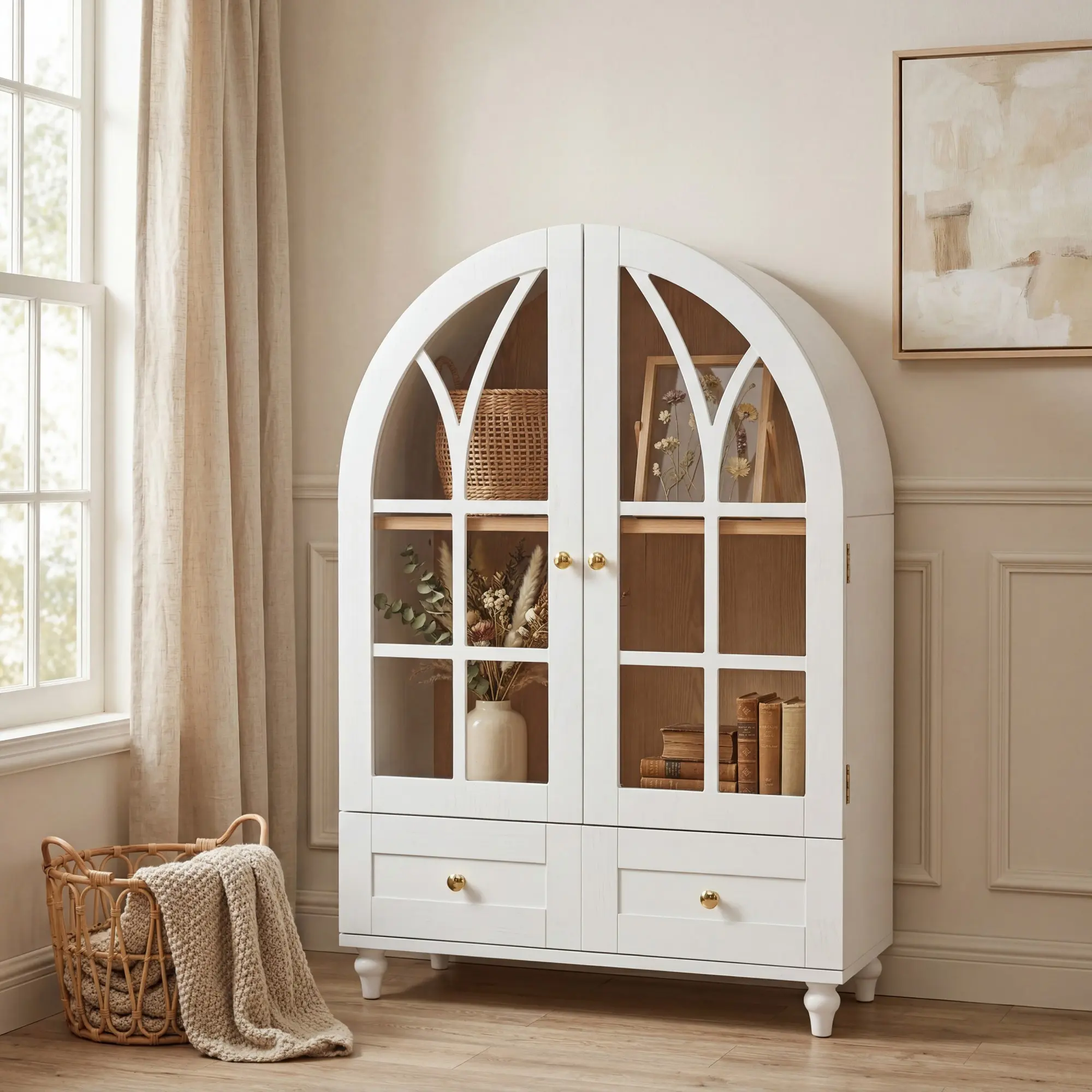 Eyisean 36.6" Arched Display Cabinet with Tempered Glass Doors, Farmhouse Curio Cabinet with Storage Drawer, Solid Wood Legs, Space-Saving China Cabinets for Kitchen, Living Room, Office