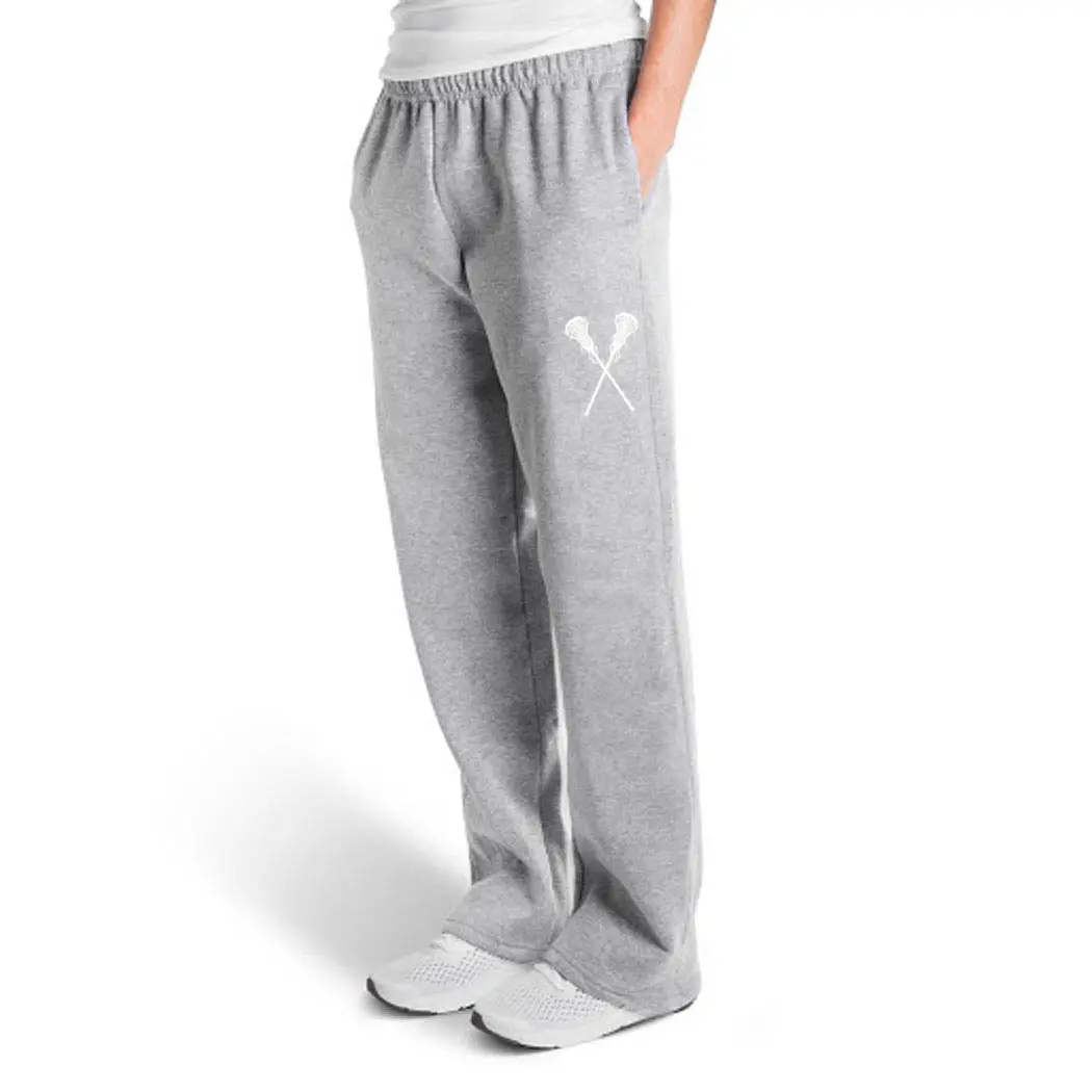 Women's Casual Lacrosse Sweatpants, Soft No-Pill Fleece with Crossed Sticks Graphic, Athleisure Wear with Pockets, Casual Women's Sports Sweatpants, Drawstring High-Waisted Women's Sports Sweatpants