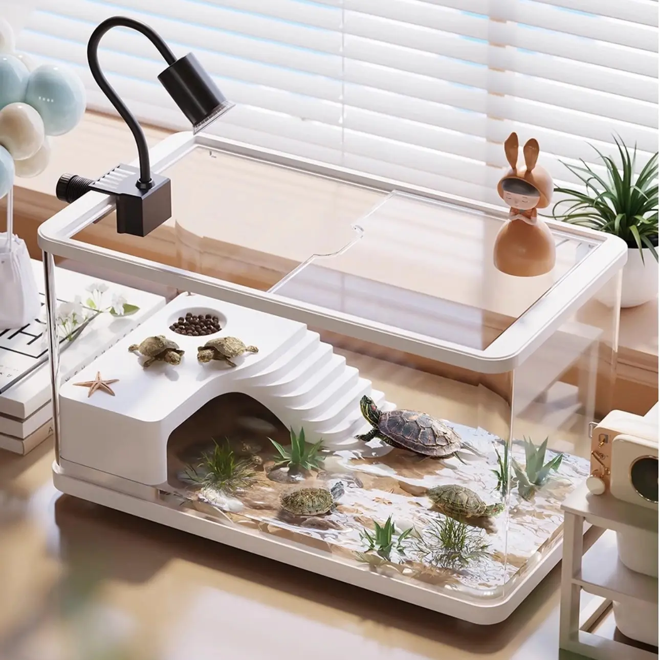 Clear Turtle Tank with Basking Platform, Drainage System & Adjustable Basking Lamp, Escape-Proof Reptile Enclosure for Turtles, Fish, Amphibians, Land-Water Separate Habitat with Landscaping Kit, Durable Pet Terrarium/Aquarium Animal Enclosed  aquarium