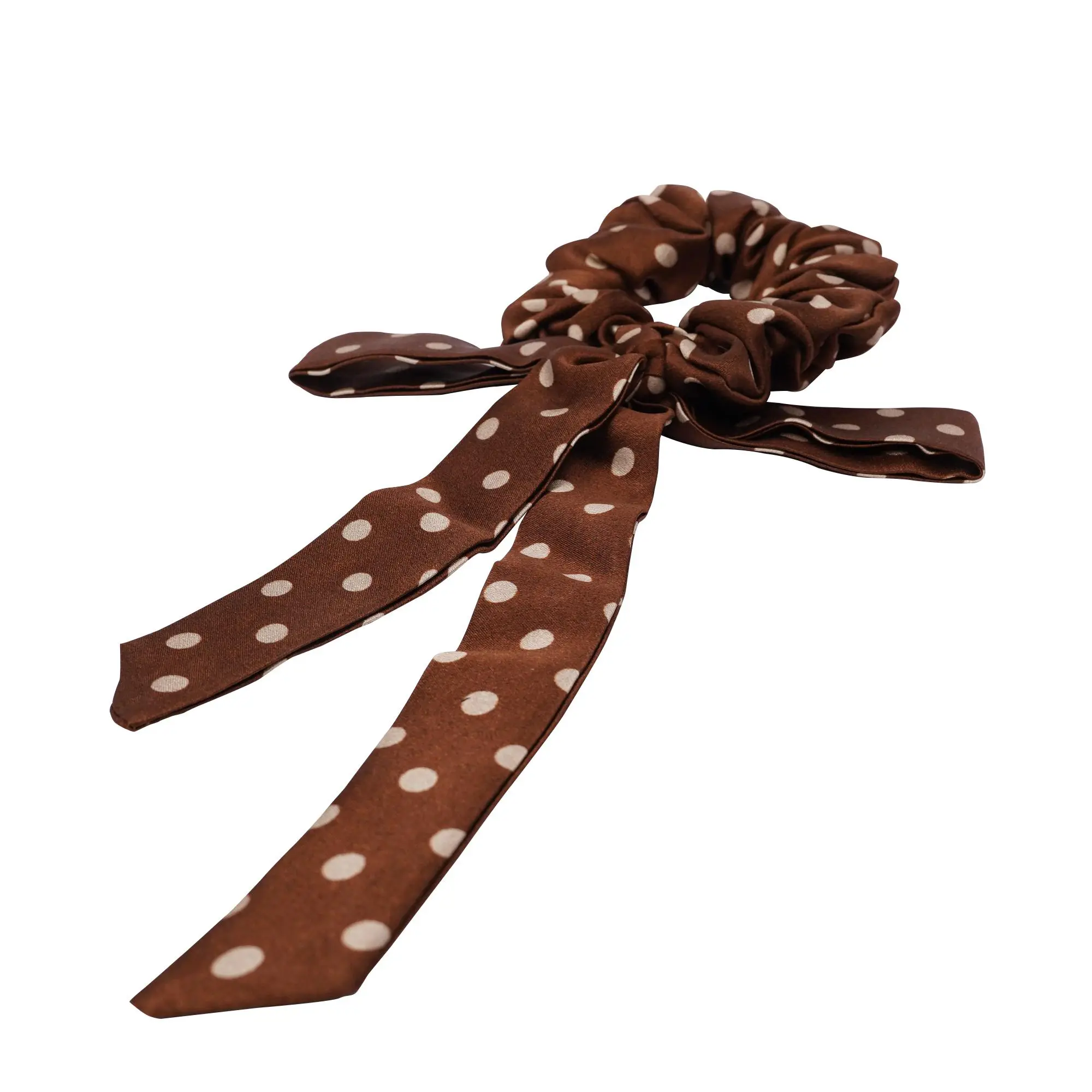 Chelchel's 100% Pure Mulberry Silk Ribbon Scrunchie - Hot Cocoa Handmade Polka Dot Long Tail Hair Bow Tie, Elegant Soft Elastic Ponytail Holder with Gift Pouch