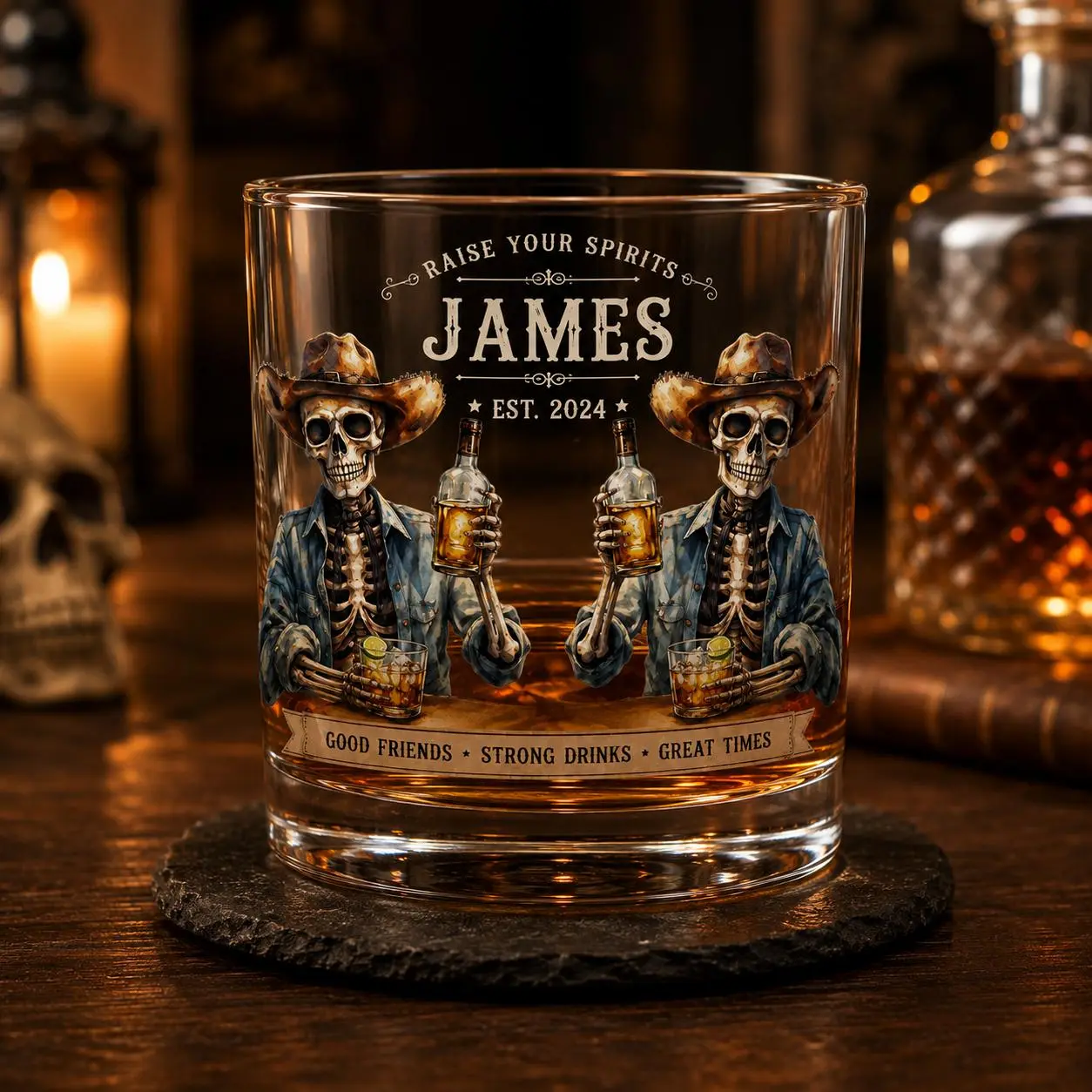 Skeleton Cowboy Bourbon Glass, Western Whiskey Glass, Raise Your Spirits Personalized Rocks Glass, Good Friends Strong Drinks Great Times Gift, Father's Day Gift, Birthday Gift For Men, Bourbon Lover Gift, 11oz Whiskey Glass, Custom Name Whiskey Glass