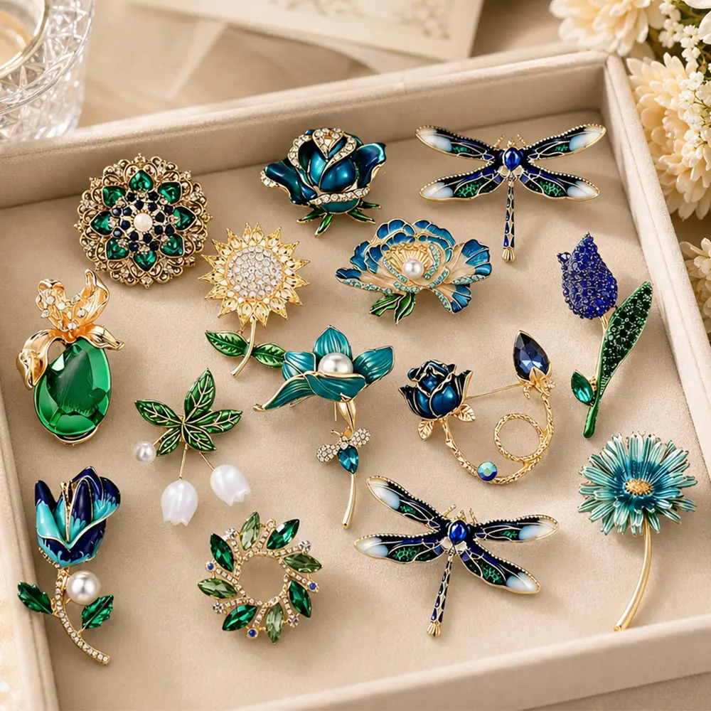 Women's 14Pcs Bulk Rhinestone Crystal Brooches Set - Vintage Retro Pins with Crystalization, Collectibles for Sister, Daughter, Summer Wedding Gifts (Leaves Deep and Beautiful Impression), Business, Daily, Clip On The Back, Floral, Handmade, Birthday, Zin