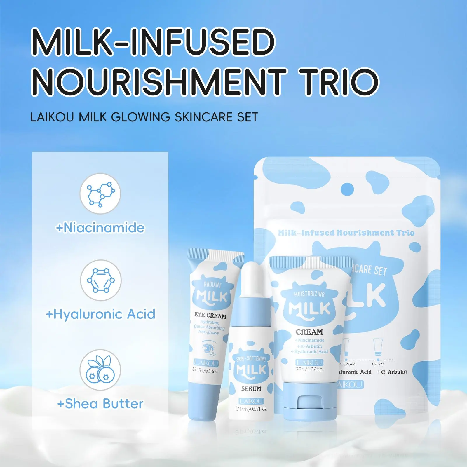 Milk Hydrating Travel-Size Skincare Set Brightening Kit, Includes
