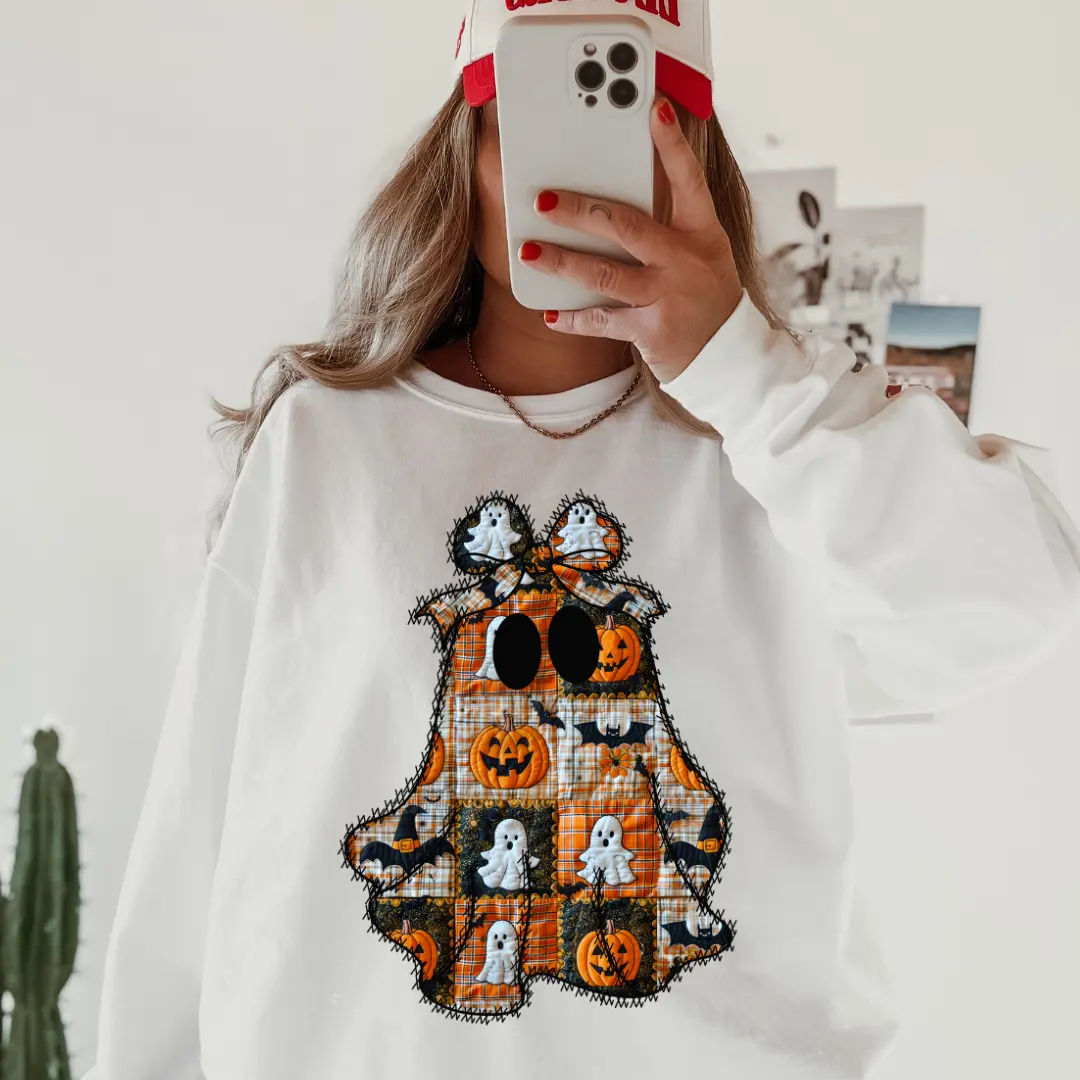 Patchwork Ghost Halloween Sweatshirt - Spooky Season Unisex Apparel Relaxed Fit Printed In The USA Clothing Womenswear Casual Comfort Cotton Top Athletic Boho Chic garment-dyed heavyweight Crewneck