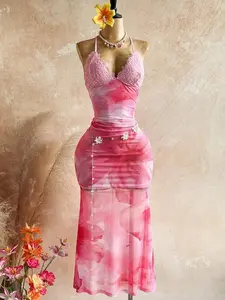 Women's Backless Floral Mesh Lace Trim Dress | Beach Holiday Party Outfit | Summer Vibe