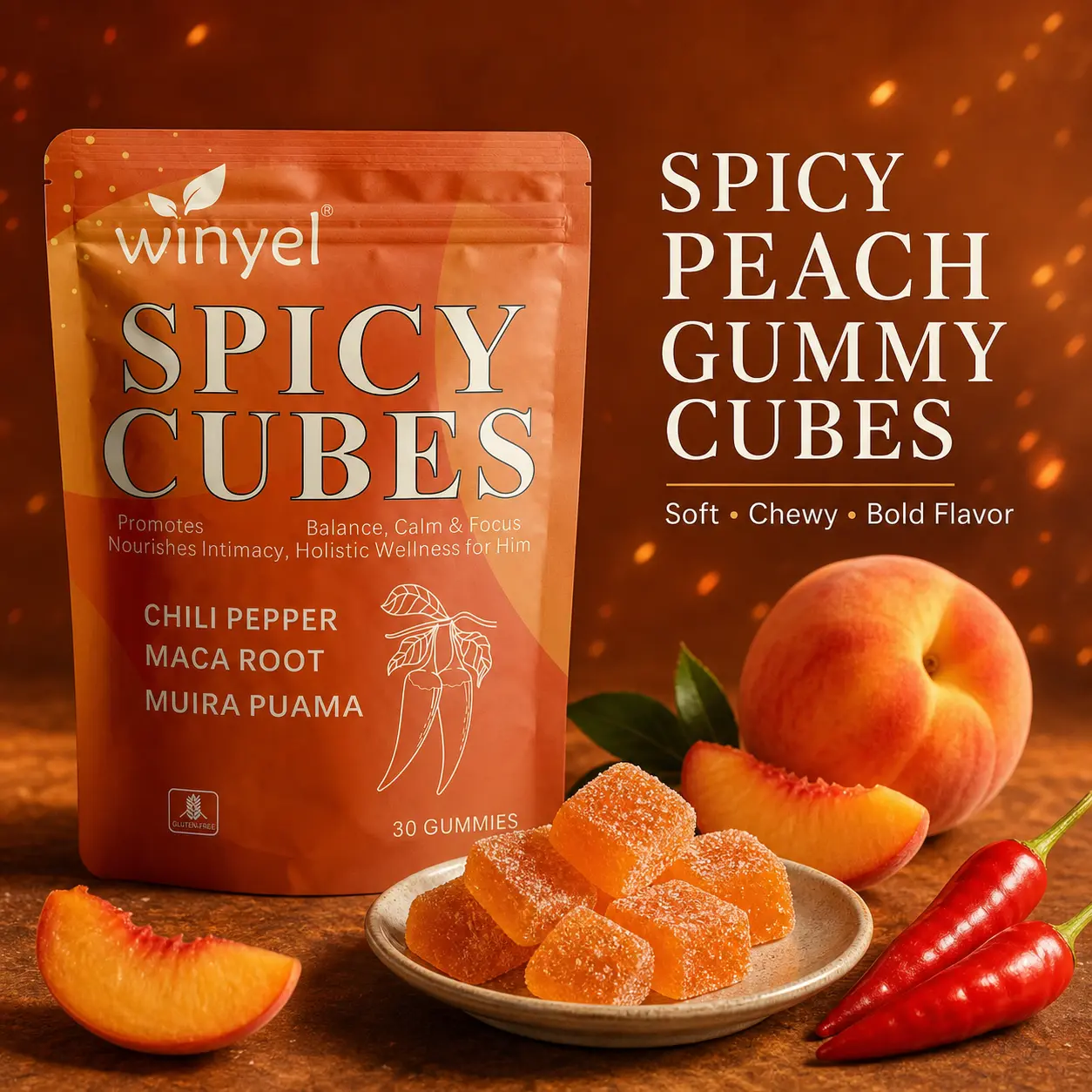 Spicy Cubes, Intimacy Gummies With Chili Pepper, Muira Puama, Maca Root, Helps Calmness And Intimacy Wellness, Peach Flavor, 30 Gummies