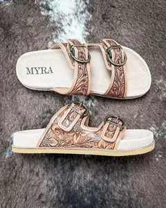 Myra Bag Women's Leather Flat Footwear - Willow Bloom Western Hand-Tooled Shoe Sandals