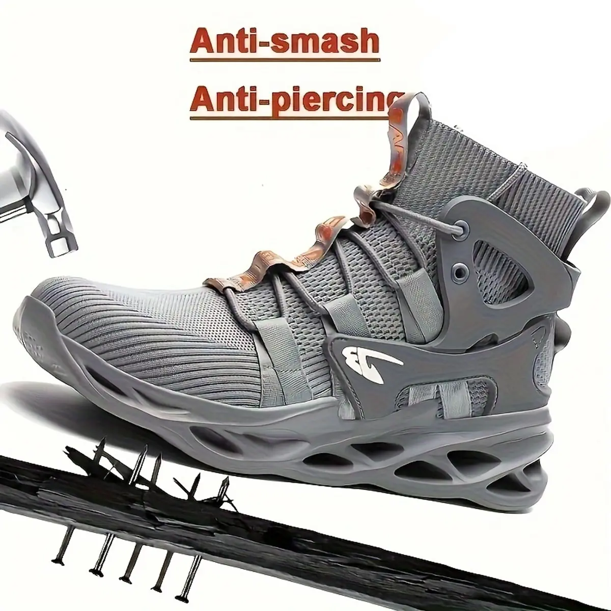 Men's steel-toe sports non-slip work shoes, high-top style, breathable knitted upper, with anti-smashing, anti-piercing and other protective properties. Footwear, Fathersdaygift Boy Closed Worker Lace，Summer vibes