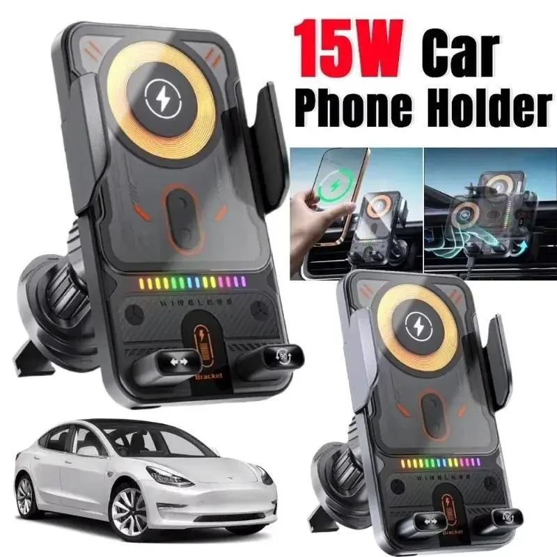 Wireless car charger mount, Multifunctional Charger, automatic air vent clip, stable and quiet shockproof design, fast charging, 90-degree rotation, compatible with both landscape and portrait modes, compatible with all smartphones