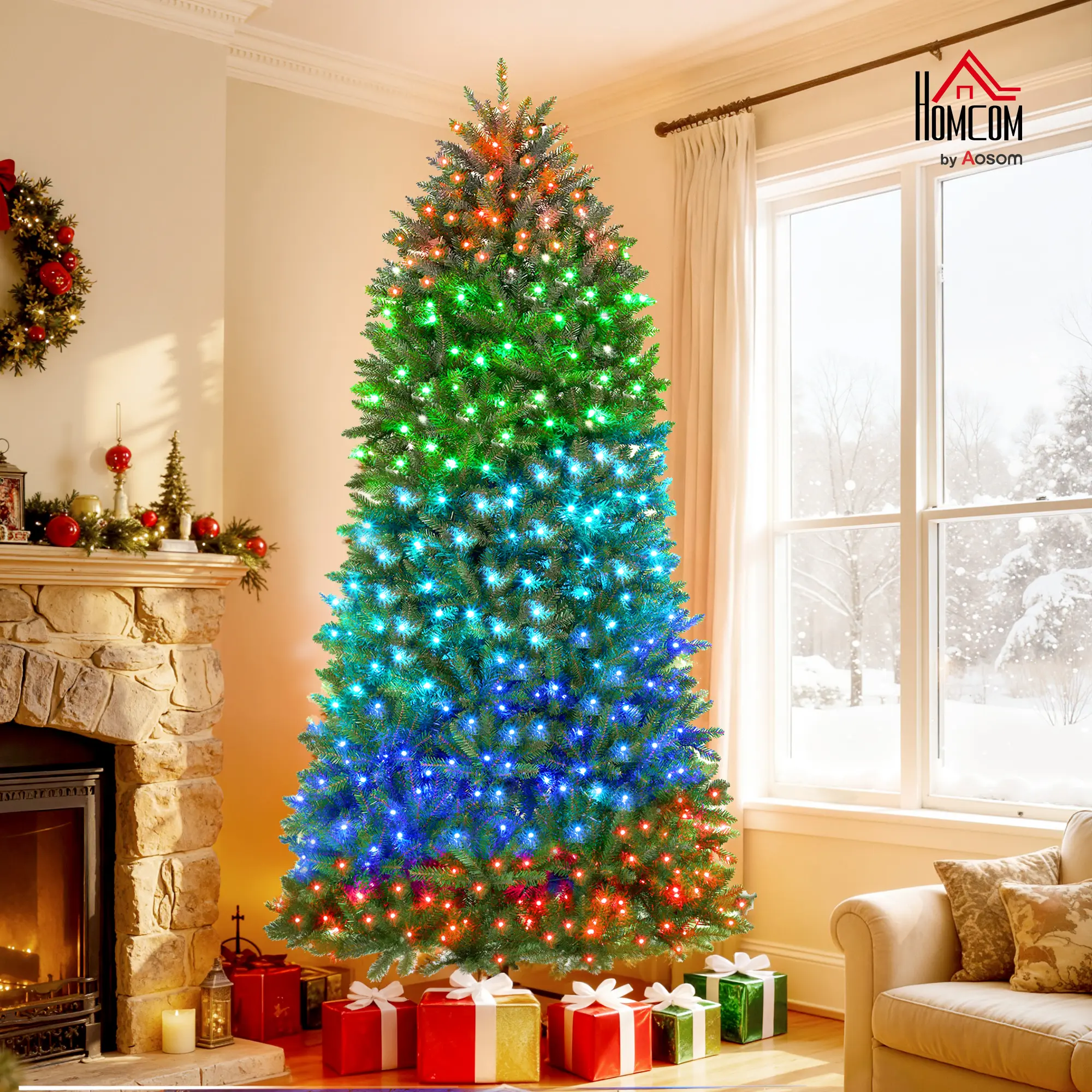 HOMCOM 6ft-9ft Smart Prelit Artificial Christmas Tree (3595 Tips), Full-Spectrum RGB Lighting, Adjustable Intensity, App & Remote Control, Wide Silhouette Hinged Design, Stainless Steel Frame, Plastic Branches, Easy Assembly, Green Holiday Home Decoration