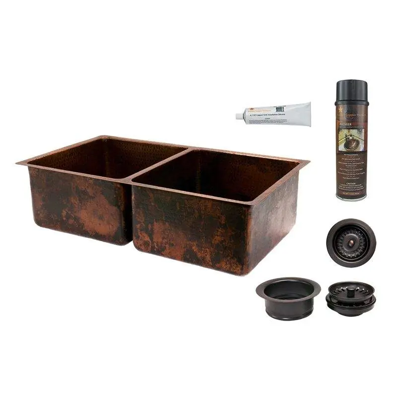 33" Hammered Copper Kitchen 50/50 Double Basin Sink with Matching Drains