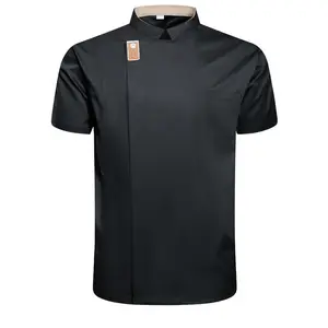 [Black Chef Uniform] Stylish Black Professional Chef Uniform - Short Sleeve Jacket with Pockets, Stand Collar, Polyester Fabric |   Ideal for Kitchen, Baking, and Restaurant Use, School Cafeteria Clothing, Machine Washable