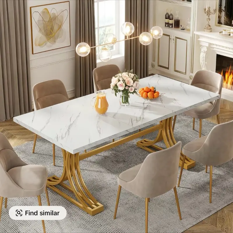 ￼ Tribesigns 63-Inch Rectangular Dining Table for 4 to 6, Modern Kitchen Table with Stylish Metal Trestle Legs, Large Dinner Table for Dining Room, Chair Not Included (White+Gold)