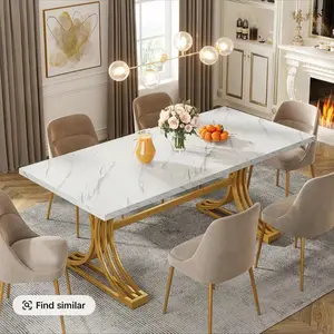 ￼ Tribesigns 63-Inch Rectangular Dining Table for 4 to 6, Modern Kitchen Table with Stylish Metal Trestle Legs, Large Dinner Table for Dining Room, Chair Not Included (White+Gold)