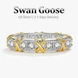 S925 Sterling Silver Elegant Ring, 14K Gold Planted X Shape with Grate Cubic Zirconia Rings for Men and Women Jewelry Gifts Fashion Accessories for Daily wear