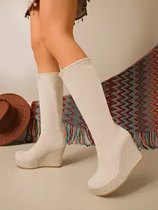 Women's Fall Winter Elastic High Heel Boots, Round Toe Wedge Design, Mid-Calf Comfortable Long Boots, Casual Fleece Fabric Shoes, Winter Warm Boots, Thick Heeled Boots, Boots Heels