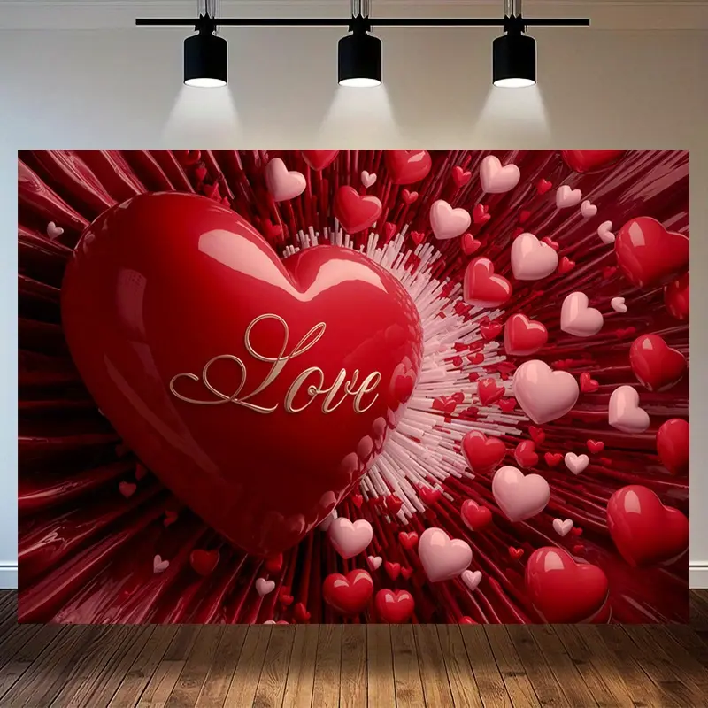1pc Durable Fabric Glossy Finish Polyester Heart Print Party Banner - Red & Pink Design with "Love" Script, Romantic Theme Backdrop Decor for Weddings, Home Festive Use