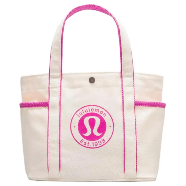 Lululemon Logo Snap Closure Cotton Canvas Tote Bag Mini Unisex Natural Pink Lightweight Tote Bag Minimalist Tote Bag