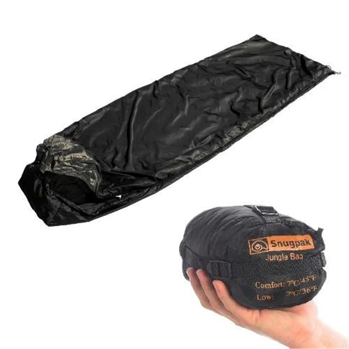 Snugpak TGSP-92261 Jungle Sleeping Bag - Right Hand Zipper, Black, Insect-Proof Rollaway Net, Square Bottom, Compact Roll-Up Super Lightweight Pack Rectangular Camping & Hiking Sleeping Bag, Compact Roll-Up Rectangular Sleeping Bags