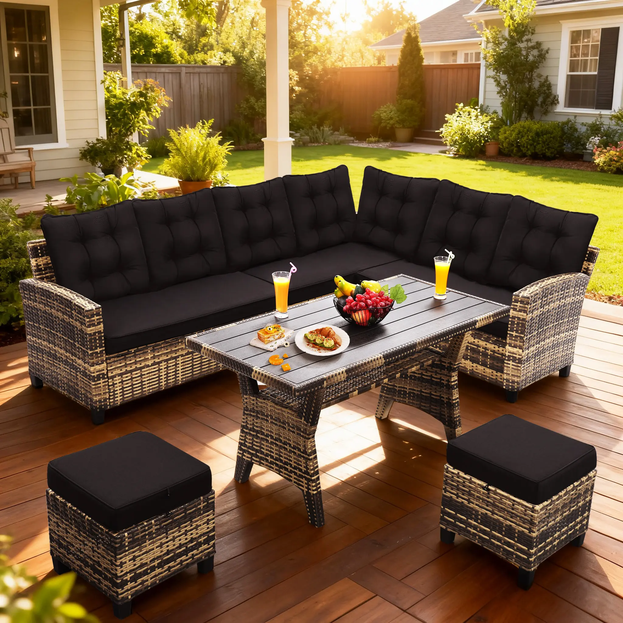 Cozy 6-Piece Outdoor Patio Set Sectional Sofa Dining Table Chairs Ottoman All-Weather Wicker Modern Backyard Lounge Perfect for Entertaining summerwins,Porch Furniture Set, Garden Conversation Sets