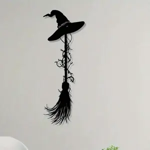 Vintage Witch Broom Metal Wall Art, Spooky Wall Art, Rust-Resistant Iron Halloween Decoration, Hat & Feather Design, Ideal Gift for Home Display, Ornaments