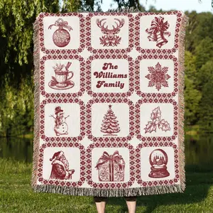 Christmas Family Name Blanket Vintage Custom Patchwork Granny Square Quilt Style Woven Throw Winter Cabin Decorative Xmas Throw