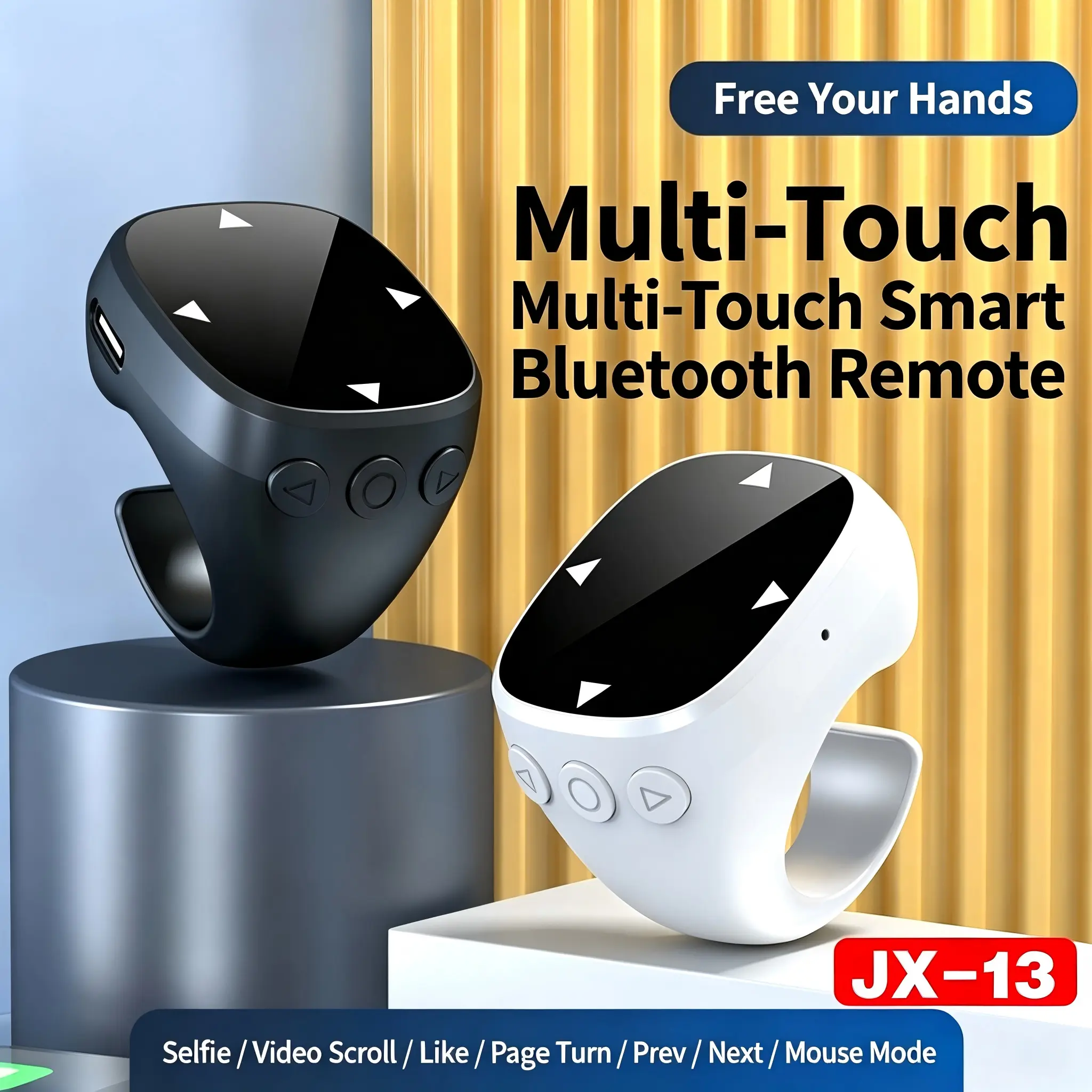 JX-13 Multi-Touch Bluetooth Remote Control Ring Wireless TikTok Scrolling Ring Fingertip Page Turner Ebook Page Flip Selfie Camera Shutter Short Video Remote Controller Hands Free Clicker Compatible with iOS iPhone iPad Android Phone Tablet