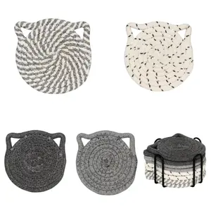 Cat Ears Coasters Set of 8 with Holder, Minimalist Handmade Braided Cotton Non-Slip Absorbent Cat Coasters for Drinks, Coffee Bar Accessories, House Warming Gifts for New Home (Grey)