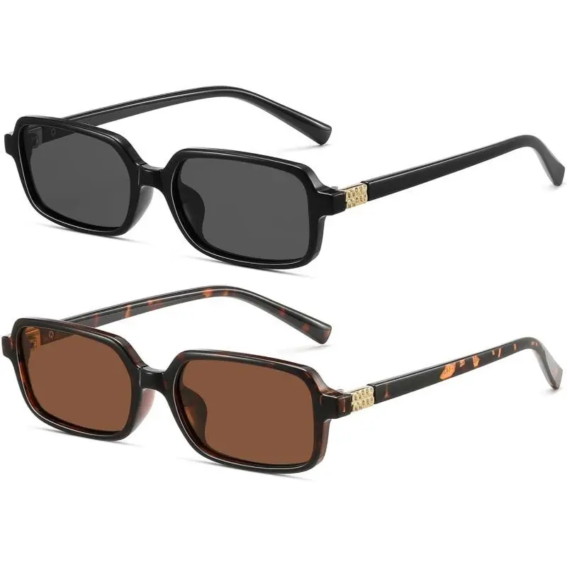 Women's High-Quality Y2K Full Rim Metal Narrow Rectangle Sunglasses - Unisex UV400 Acetate Shades, Gloss Black/Tortoise Frames, Solid Dark Brown/Grey Lenses, Gold Embossing Hinges for Everyday Casual, Music Festivals