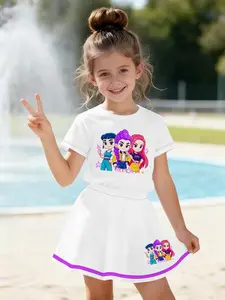 Women Summer Sweet Cute Two-Piece Set, 3D Digital Print Cartoon Girl Pattern, Casual Comfort Short Sleeve T-Shirt and Skirt Set for Kid, Summer Clothing Set
