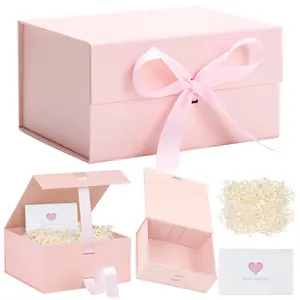 White Gift Box with Ribbon 1 Pack Small Gift Box with Lid Magnetic Closure Rectangle Collapsible Luxury Boxes for Weeding Gifts、Shredded Paper Filler & Card