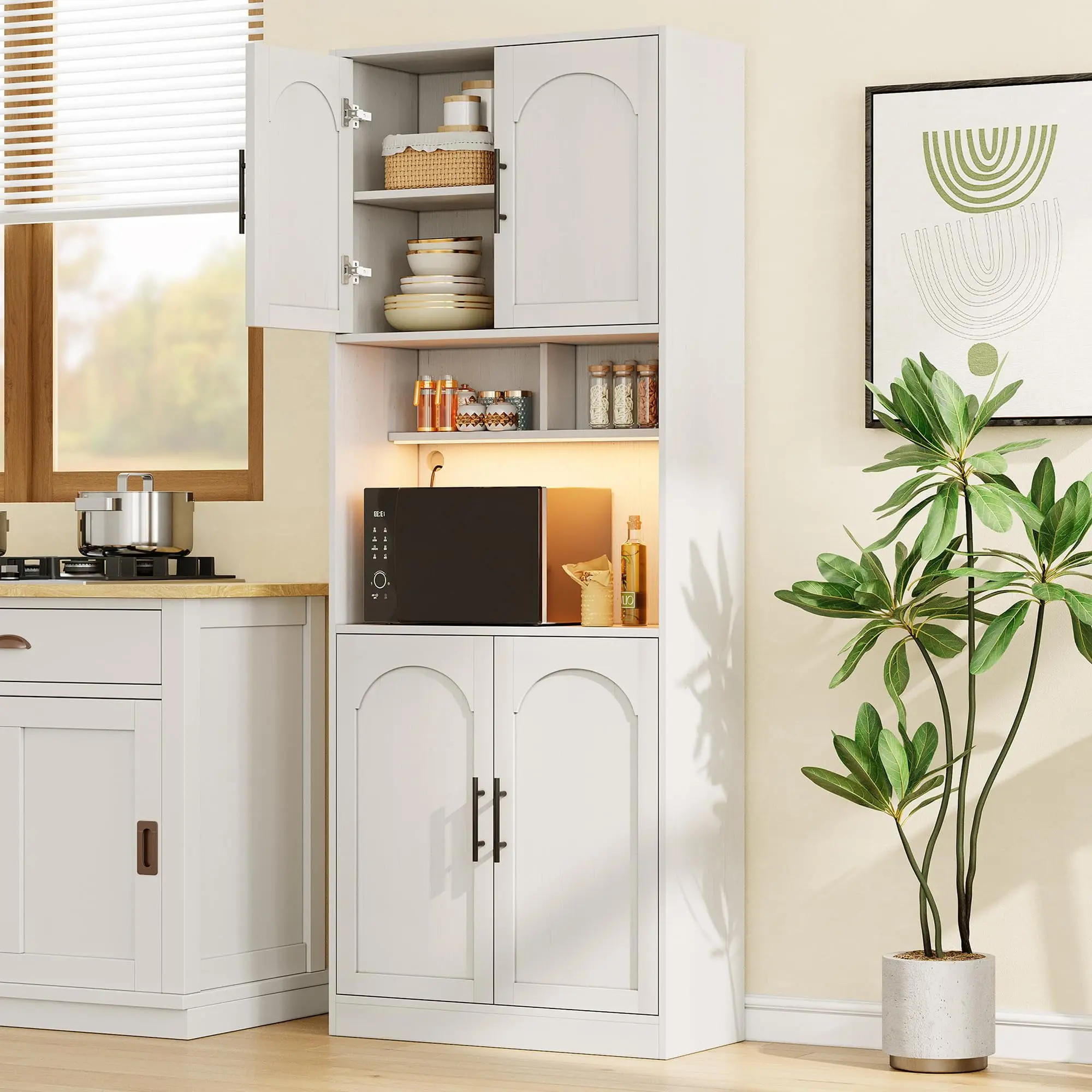 Gaomon White Tall Rustic Traditional Glam Farmhouse Wood Kitchen Hutch Bar Cabinet - Microwave Stand with RGB Lighting, 2 Open Multi-Shelf, Sliding Barn Doors, Easy-Assembly Pantry Cupboard for Dining Room